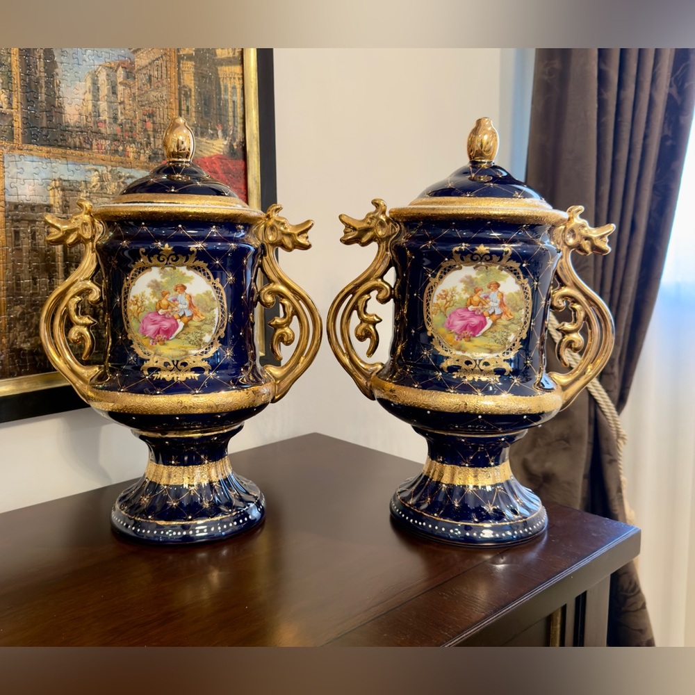 Antique Porcelain Vases (Pair) – Hand-painted & Gold Detailed